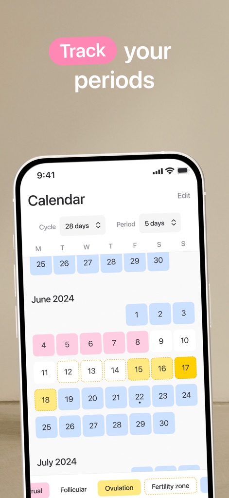 Harmony: Cycle Syncing, Period - The intuitive calendar displays clear indicators for period days and fertility zones, allowing users to effortlessly track their cycle and anticipate upcoming phases.