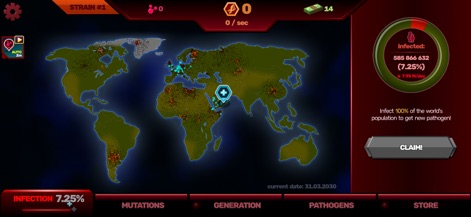 Patient Zero: Virus game - Players can monitor the progress of infection across a world map, noting specific outbreak locations and the current 'Infected' percentage.