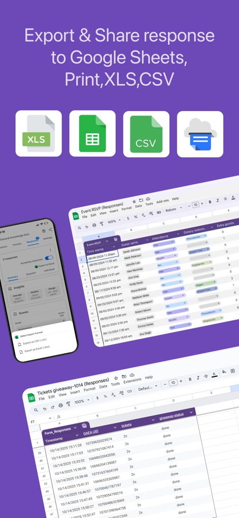 Forms for Google Doc - Export your collected data with flexibility, choosing from formats like Google Sheets, CSV, or XLS, and review detailed response data in a familiar spreadsheet interface.