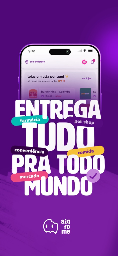 aiqfome: delivery de tudo - A tela inicial do aplicativo revela uma vasta gama de serviços, exibindo lojas populares como Burger King e categorias convenientes como 'farmácia' e 'pet shop', mostrando a diversidade de produtos disponíveis.