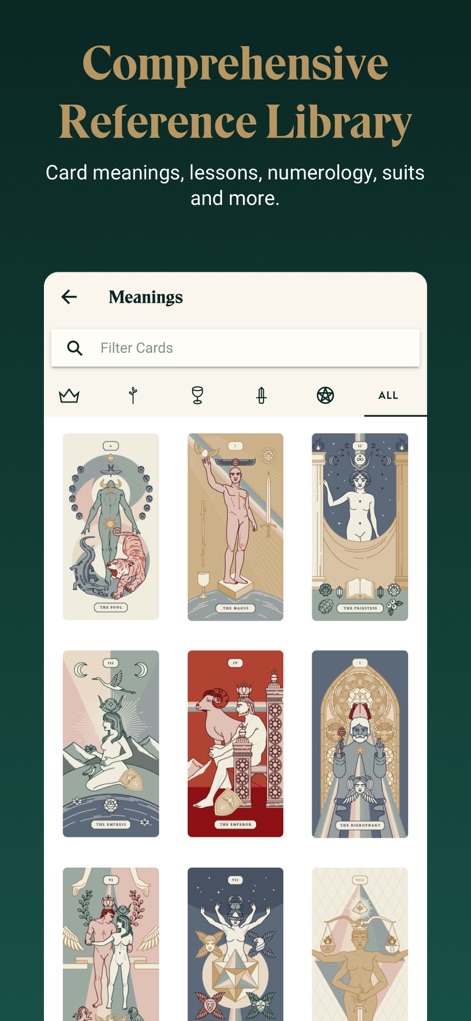 Labyrinthos Tarot Reading - The app features an extensive visual gallery of cards, allowing users to explore card meanings with efficient search and filter options for quick reference.