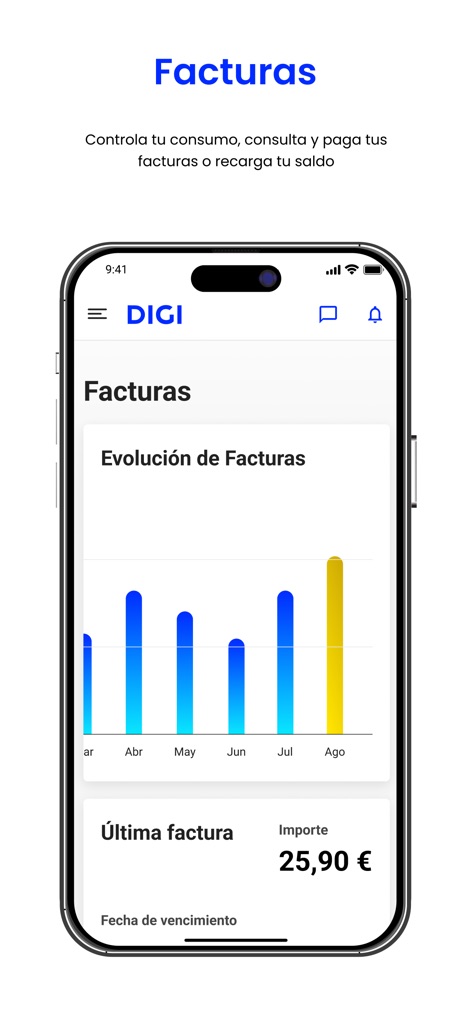 Mi DIGI - La sezione dedicata alle fatture presenta un grafico intuitivo sull'evoluzione dei pagamenti e i dettagli dell'ultima fattura, consentendo agli utenti di tenere traccia delle proprie spese con chiarezza.