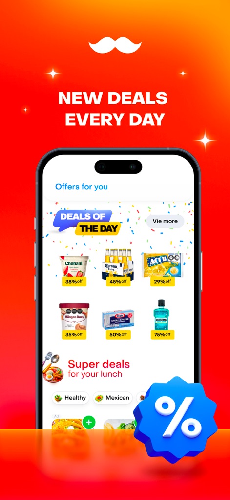 Rappi - Deliveries in Minutes - Discover how the app presents attractive promotions, featuring "Deals of the Day" and personalized "Super deals for your lunch" to maximize savings.