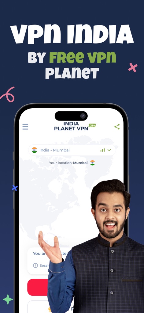 VPN India - Private & Secure - L'application présente une interface claire affichant la localisation actuelle comme "Mumbai" et une carte simplifiée, permettant une connexion instantanée aux serveurs indiens.