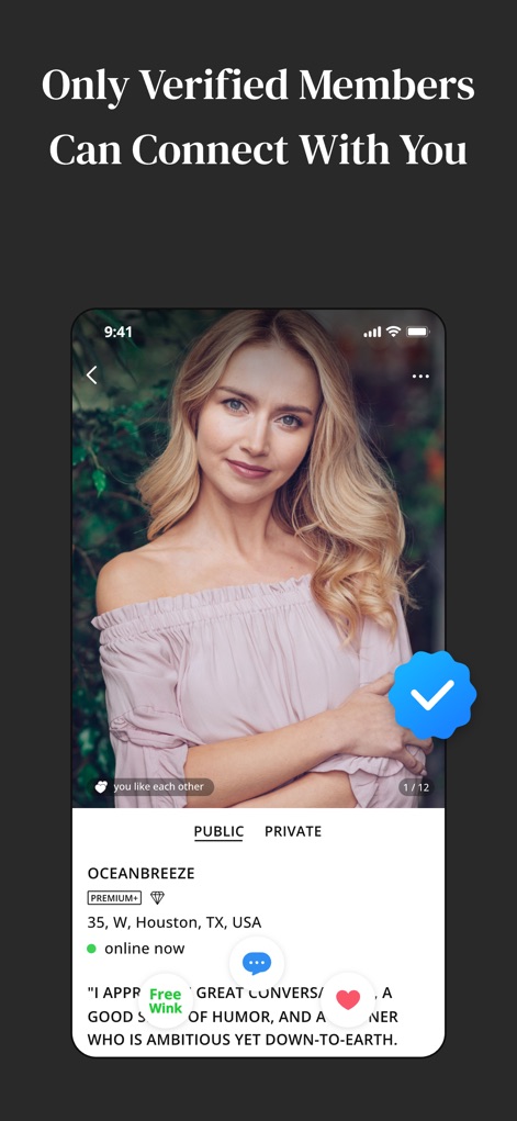 MM: Elite Premium Dating App - See how the app ensures secure interactions with a prominent verified badge on user profiles and a clear "Premium+" designation.
