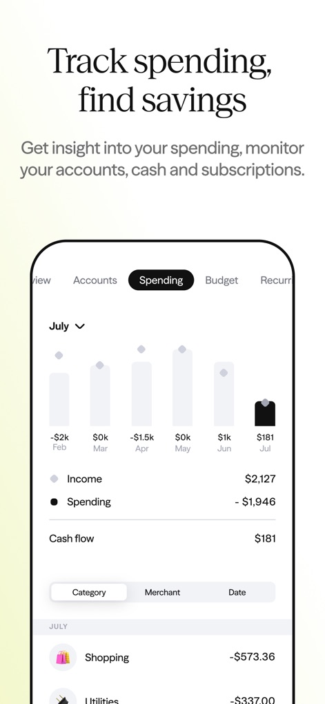 Albert: Budgeting and Banking - Explore how the app offers granular spending tracking with a clear monthly overview and detailed transaction breakdowns by category for efficient budget management.