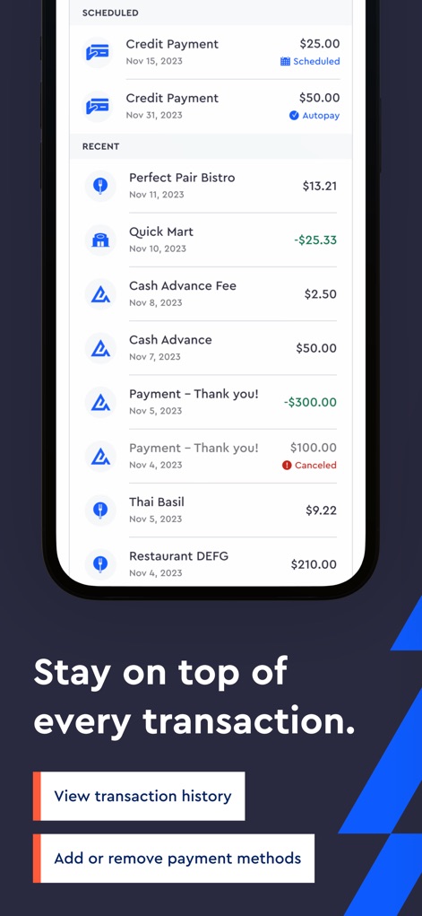 Avant - Users can effortlessly track their financial activity with a comprehensive transaction history, including scheduled payments and recent purchases.