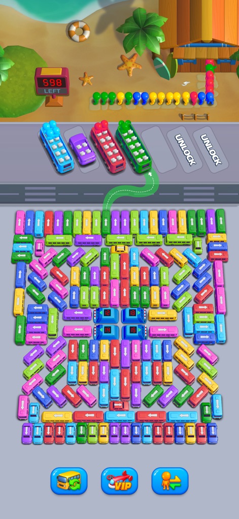 Bus Go - Car Jam,Bus Games - Enjoy the aesthetically pleasing beach-themed background, adorned with palm trees and a starfish, providing a relaxing backdrop to the "598 LEFT" puzzle.