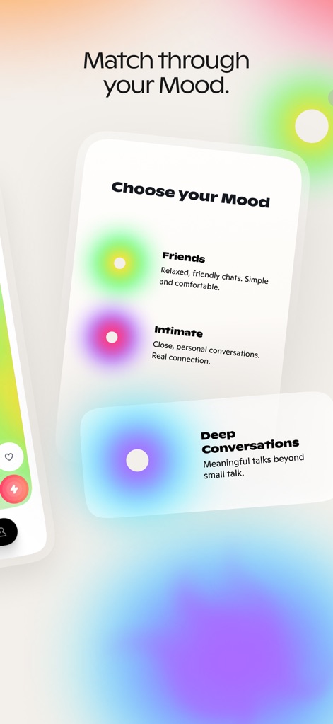 Hush: Real Talks, Deep Chats - A tela 'Choose your Mood' ilustra as categorias de interação, como 'Friends' e 'Deep Conversations', representadas por ícones com brilho colorido, permitindo aos usuários definir a natureza de suas buscas.