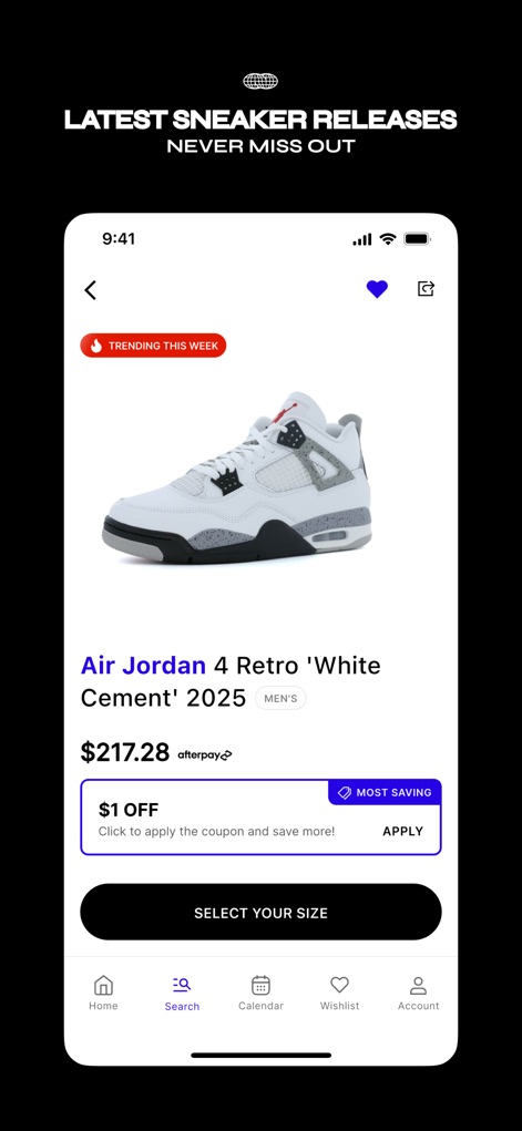KICKS CREW: Shoes & Apparel - This screen showcases comprehensive product listings, featuring high-resolution images of sneakers and clear pricing with an available coupon option for potential savings.