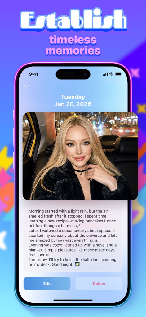 Delio - Log Your Wisdom - This tool showcases a comprehensive entry view, allowing users to deeply reflect with accompanying photos, and provides clear "Edit" and "Delete" options for seamless content management.
