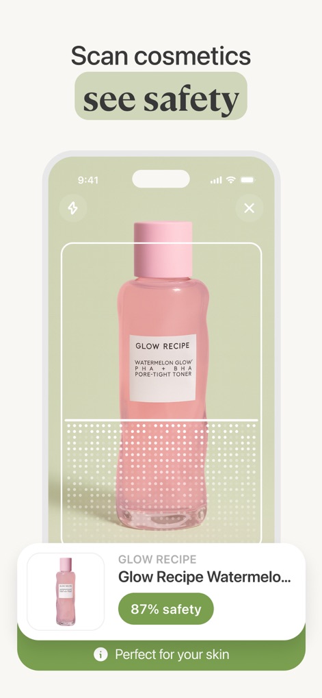 Lumi: The Skincare Scanner - Nutzer können Produkte direkt scannen und erhalten sofort eine Sicherheitsbewertung von 87% sowie die Bestätigung "Perfect for your skin", um schnelle Entscheidungen zu treffen.