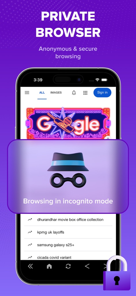Parallel Space Dual Account - Les utilisateurs bénéficient d'un navigateur privé intégré, illustré par le mode incognito et le symbole du cadenas, assurant une navigation web sans laisser de trace.