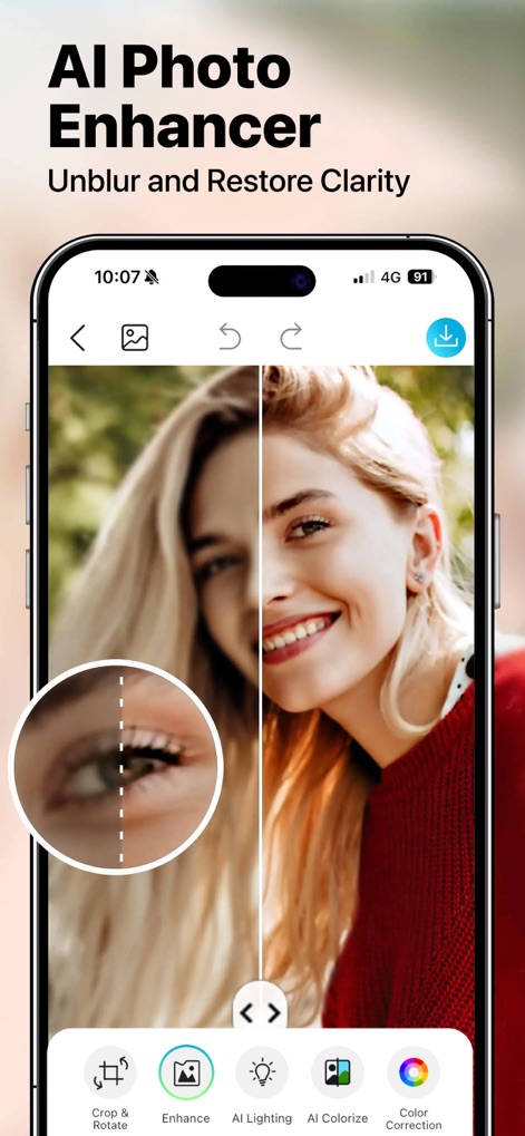 YouCam Enhance: Photo Enhancer - La aplicación transforma imágenes borrosas en nítidas, revelando detalles precisos en los ojos y una piel suave.