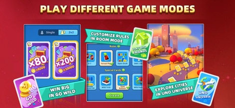 UNO!™ - This screenshot highlights the app's versatility, from the high-stakes 'GO WILD' mode offering significant multipliers to the ability to 'CUSTOMIZE RULES' for personalized matches.