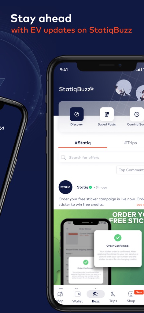 Statiq: EV Charging Stations - La sezione StatiqBuzz serve come hub comunitario, offrendo un feed di aggiornamenti e la possibilità di navigare tra contenuti scoperti e post salvati.