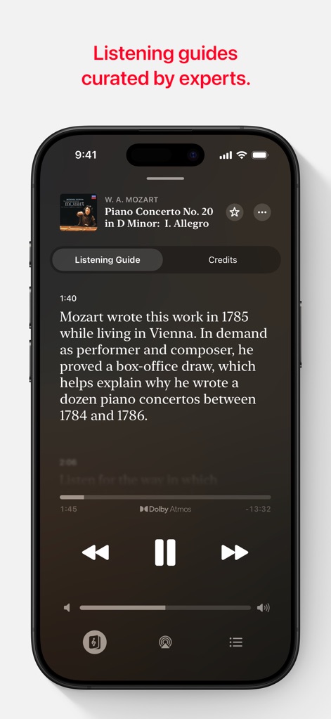 Apple Music Classical - Enhance understanding with expert-curated 'Listening Guide' notes that provide time-synced insights into compositions and a dedicated 'Credits' tab.