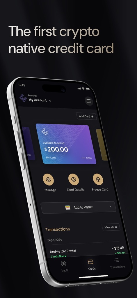 ether.fi: Crypto Card & Spend - See how the app presents the virtual card with available funds for immediate spending and offers a clear transaction history for financial oversight.