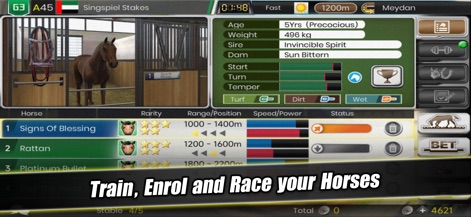 iHorse™ G1 Leading Sire - La aplicación ofrece una interfaz de gestión de establos donde los usuarios pueden visualizar a sus caballos y sus múltiples atributos, permitiendo entrenarlos, inscribirlos y prepararlos para las carreras.