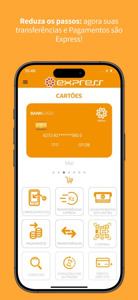 MULTICAIXA Express - O painel principal exibe um cartão de débito virtualizado e oferece acesso rápido a diversas operações, como 'Carregamentos' e 'Pagamentos'.