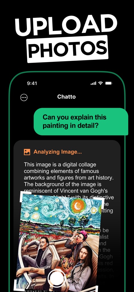 Chatto - AI Chat & AI Chatbot - Lo strumento consente agli utenti di "UPLOAD PHOTOS" e chiedere spiegazioni su un'immagine, con l'AI che offre una descrizione approfondita dopo averla analizzata, come mostrato per il dipinto.