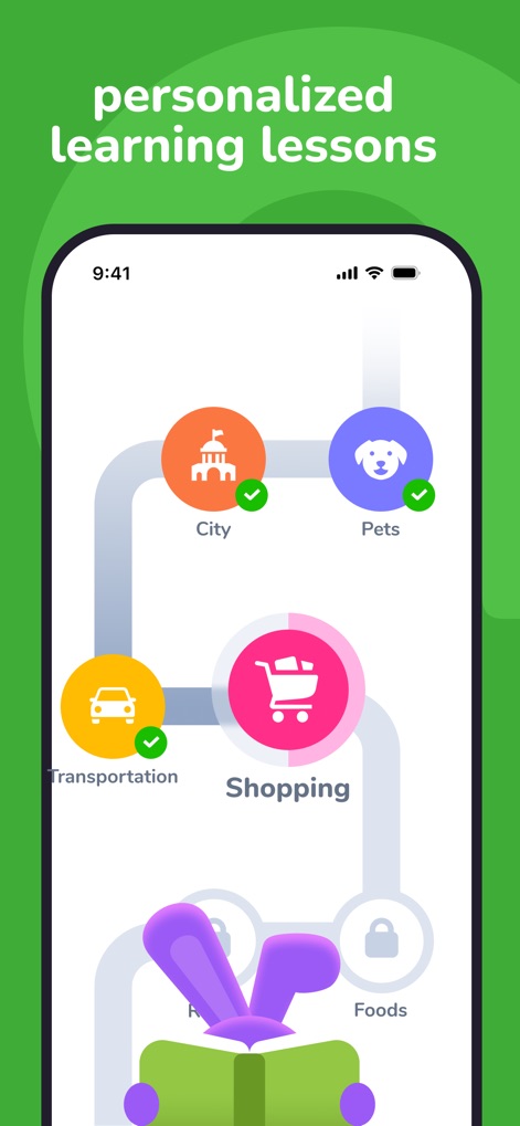 YayTalk: Learn & Speak English - Nutzer können hier personalisierte Lernlektionen auf einem intuitiven Pfad auswählen, der Themen wie "City" und "Shopping" umfasst, um das Lernen an individuelle Interessen anzupassen.