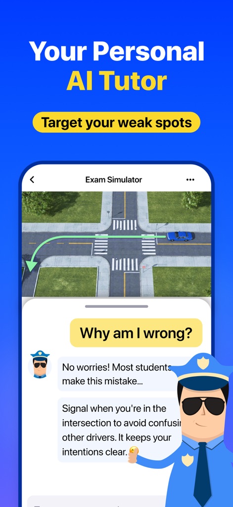 DMV Genie: Permit Test 2026 - Dieser Screenshot präsentiert den „Exam Simulator“ mit einer detaillierten Verkehrssituation und die unterstützende „KI-Tutor“-Funktion, die Erklärungen liefert.
