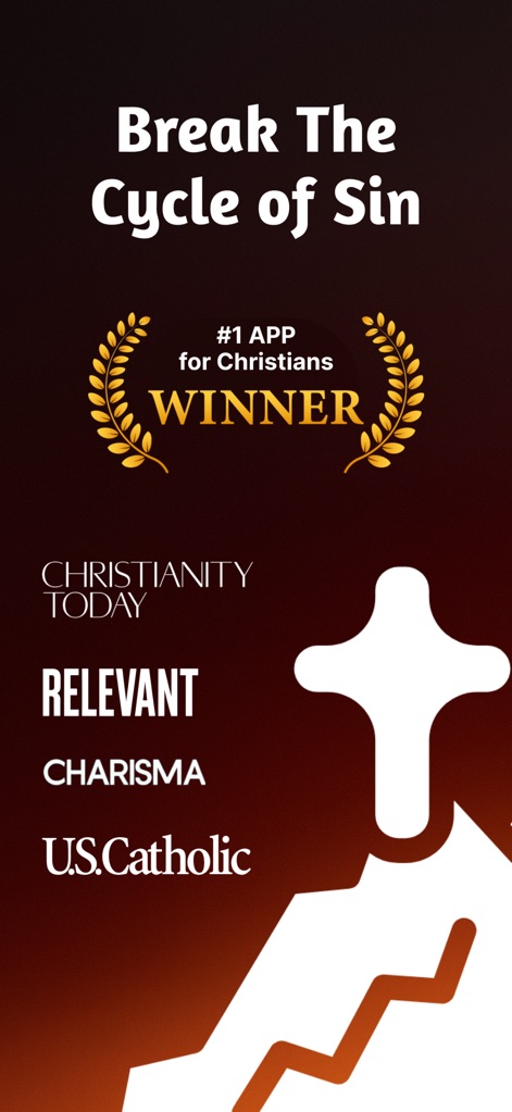 Unchaind: Overcome Lust - Dieses Bild zeigt die zahlreichen "WINNER" Auszeichnungen und prominenten Medienpartner wie "Christianity Today", die die Glaubwürdigkeit der App unterstreichen.