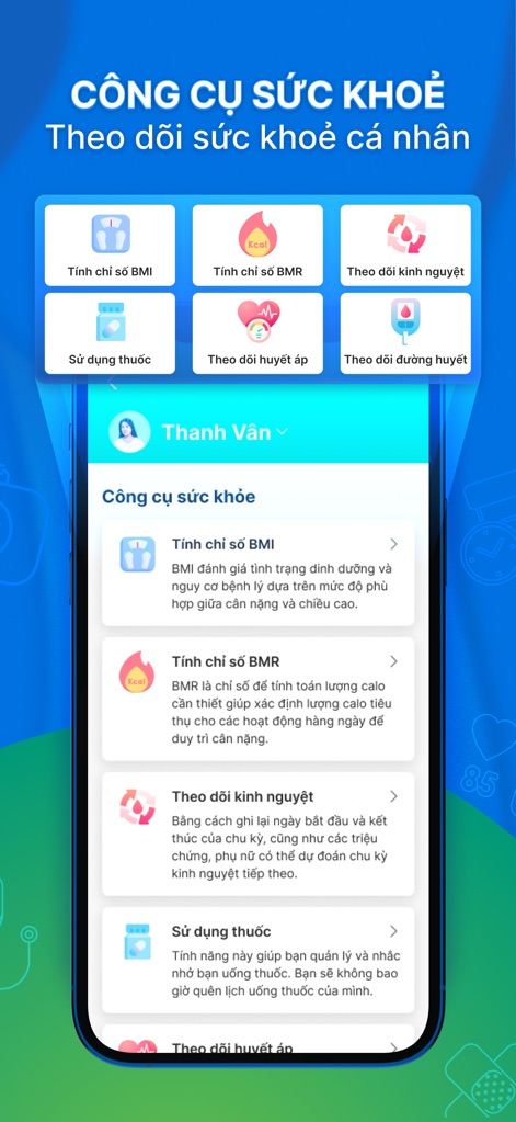 Pharmacity - Nhà thuốc uy tín - Diese Ansicht zeigt die personalisierten Gesundheits-Tools der App, die Nutzer nutzen können, um ihren BMI sowie ihren Blutdruck zu überwachen.