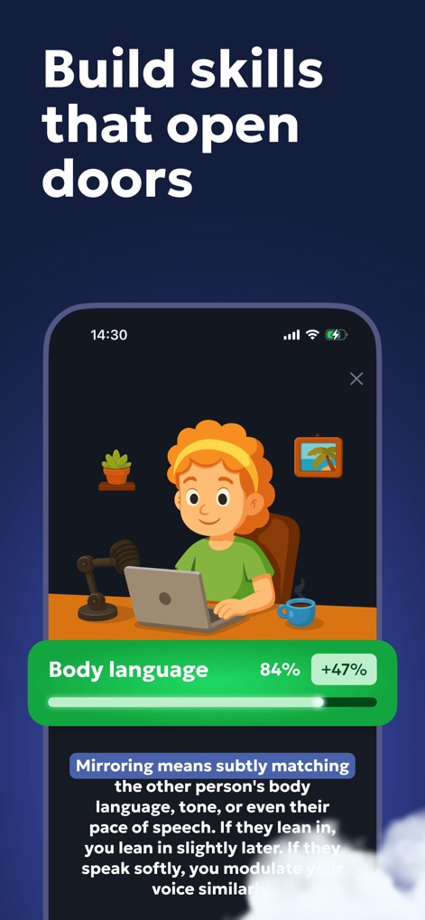 Vocal Image: AI Speaking Coach - Gain deeper understanding through detailed explanations of concepts like 'Mirroring', complemented by a clear 'Body language' progress tracker.