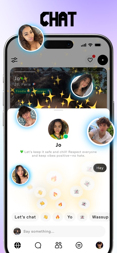 EQUALS: Make Friends via Music - This tool offers a streamlined direct message flow, enabling private conversations with quick reaction buttons and personalized floating profile images for engaging interactions.