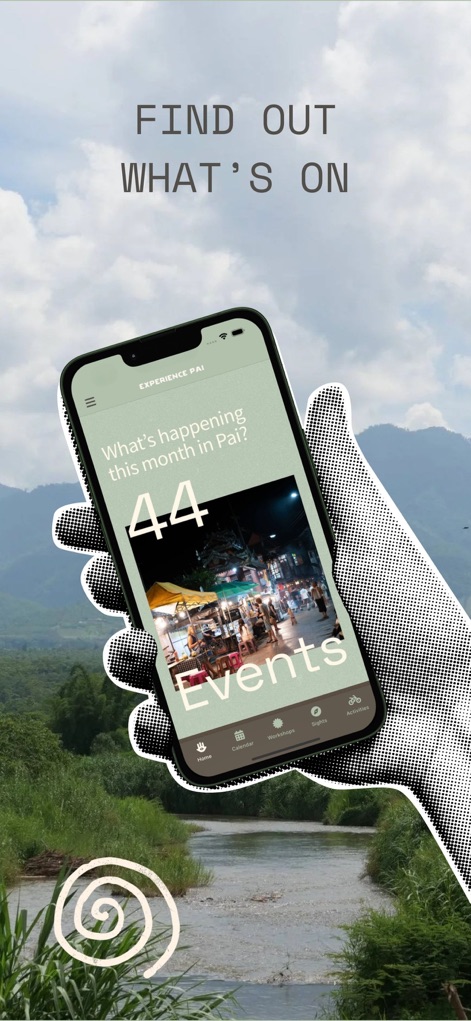 Experience Pai - 이 앱은 사용자가 파이에서 진행 중인 이벤트를 한눈에 볼 수 있도록 현재 월의 이벤트 수(44개)와 활기찬 야간 시장 활동 이미지를 보여줍니다.