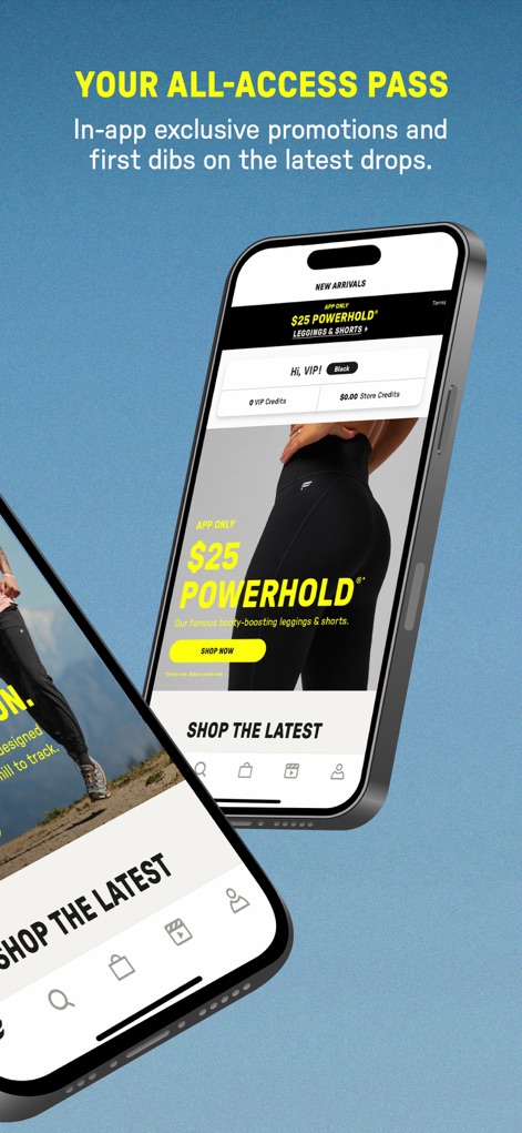 Fabletics: Premium Activewear - Users can discover the 'Shop the Latest' section featuring exclusive promotions like '$25 POWERHOLD®' leggings and shorts.