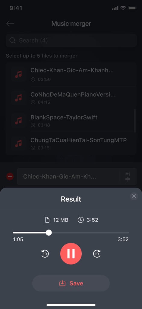 Mp3 Cutter - M4a, Music Cutter - This tool presents the merged audio track with convenient playback controls and a straightforward 'Save' button to finalize the creation.