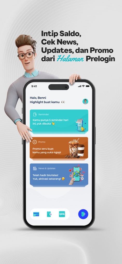 blu by BCA Digital - Esta vista ofrece acceso rápido a recordatorios y promociones, mientras que la interfaz limpia y el avatar 3D resaltan la experiencia moderna.