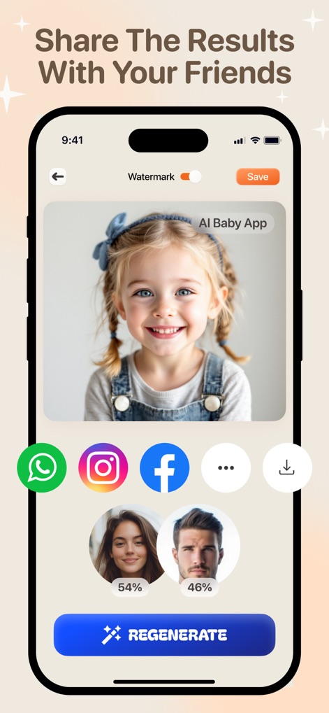 Future Baby Generator・AI Face - L'application facilite le partage des images générées via des icônes de réseaux sociaux et affiche la contribution en pourcentage de chaque parent au résultat final.