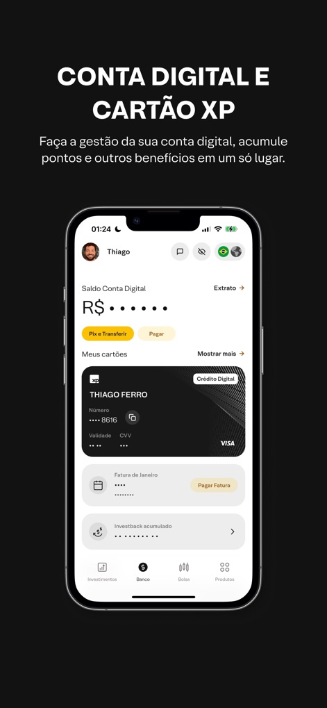 XP Investimentos - The app offers robust digital banking, featuring a clear overview of the 'Saldo Conta Digital' and convenient access to 'Meus cartões' and payment functionalities.