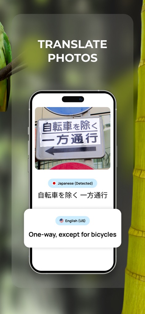 Lens: Translate & Image Search - Lo strumento consente di tradurre rapidamente il testo di un'immagine, come evidenziato dalla scritta giapponese "日本語 (Detected)" sul cartello e dalla sua traduzione chiara e leggibile in "English (US)".