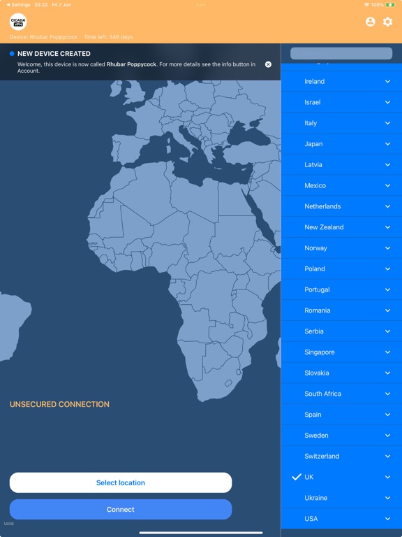 CicadaVPN iPad screenshot 1 - Productivity app
