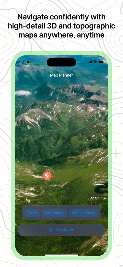 Offline RouteMap 3D - The app provides high-detail 3D and topographic maps, illustrating a lush green mountain landscape with a clear trail marker for confident navigation.