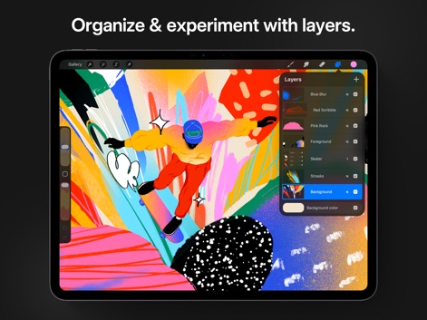 Procreate - La composición gráfica compleja se maneja eficientemente mediante el panel de capas, que muestra múltiples elementos organizados con nombres distintivos como 'Skater' y 'Background', evidenciando el control sobre la composición.