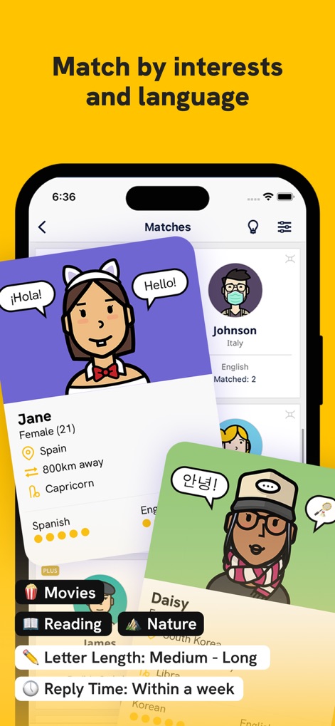 Slowly: Make Global Friends - Users can discover potential penpals through a matching system that highlights shared interest tags and displays language exchange bubbles for seamless connection.