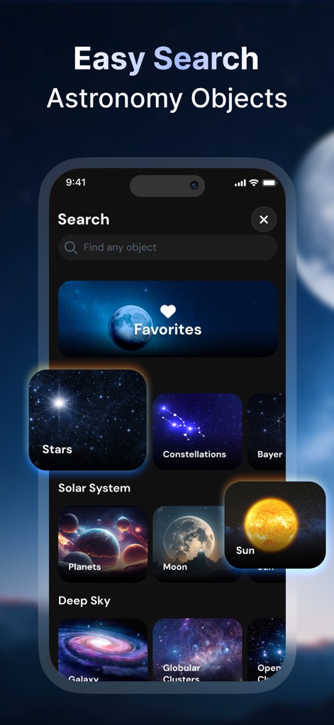 Star Gazer - Live Sky View Map - Users can easily locate specific celestial bodies through the intuitive search function, browsing categories like 'Stars' and 'Planets' or utilizing the 'Find any object' search bar.