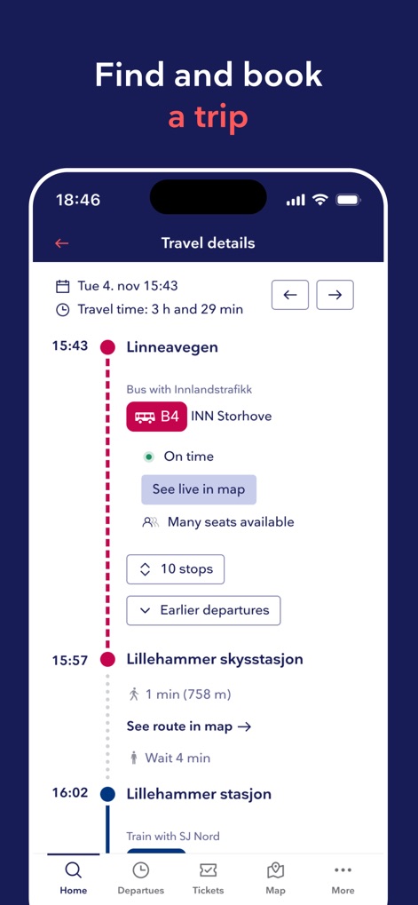 Entur - Travel and tickets - Users can explore a comprehensive journey timeline with specific stop details and access a real-time live map for current travel status.
