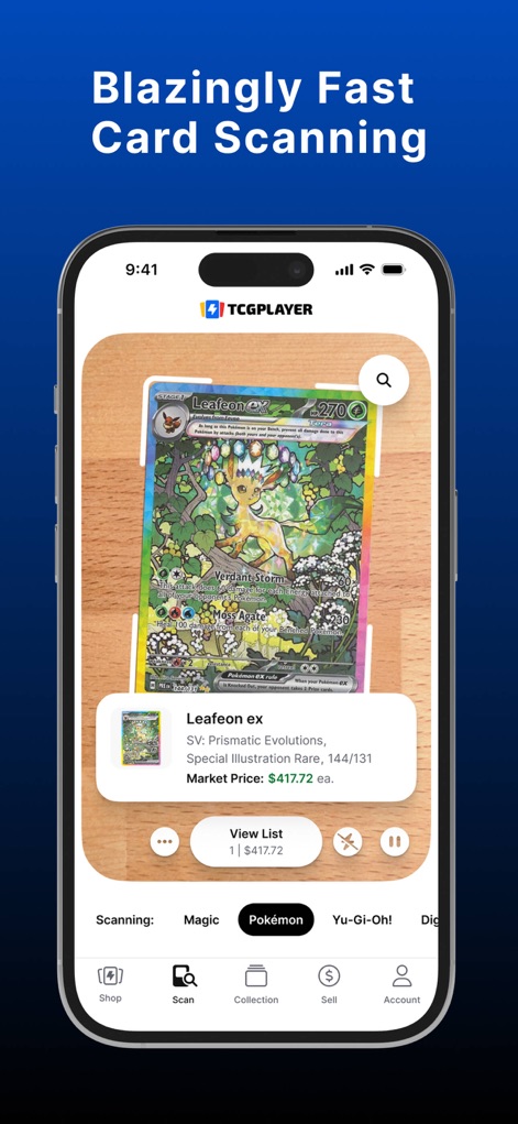 TCGplayer - O aplicativo demonstra seu recurso de escaneamento rápido de cartas, identificando a carta 'Leafeon ex' e exibindo seu valor de mercado estimado.