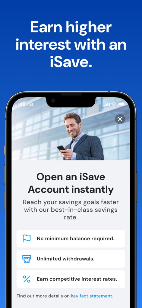 FAB Mobile Banking - iSave口座開設画面では、ユーザーは「No minimum balance required」や「Earn competitive interest rates」といった利点を活用して、簡単に貯蓄を開始できます。