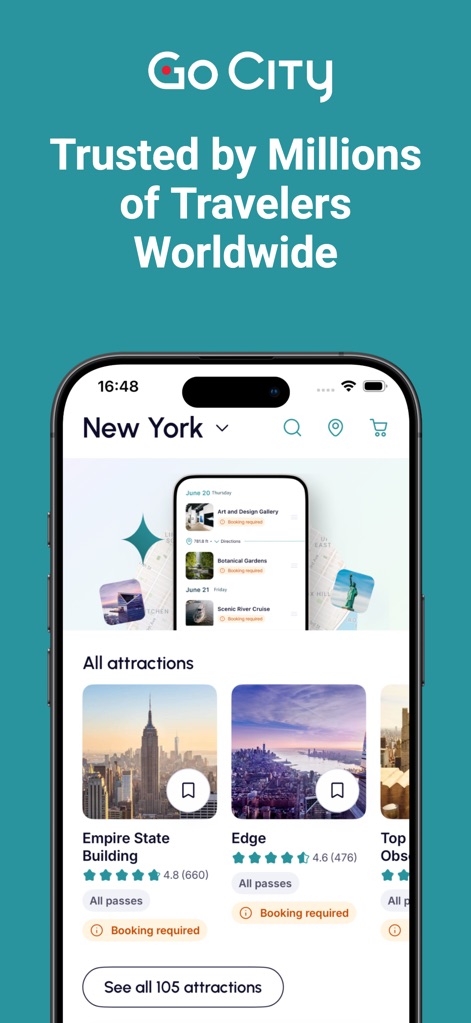 Go City -Travel Plan & Tickets - This app showcases popular city attractions like the Empire State Building and Edge, allowing users to browse all available experiences in chosen cities such as New York.