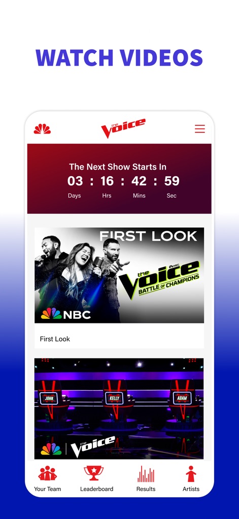 The Voice Official App on NBC - This section provides users with direct access to show content, prominently featuring a countdown timer for upcoming episodes and easily accessible video clips of performances and exclusive moments.