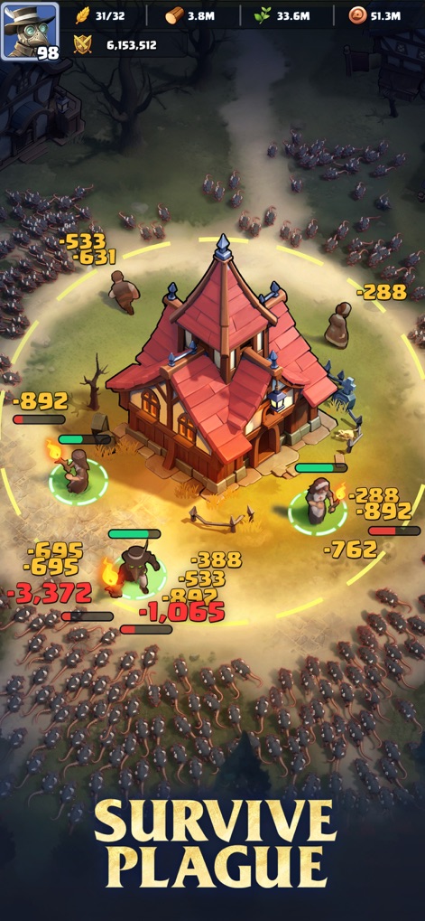 Last Asylum: Plague - La aplicación muestra el edificio central del santuario siendo defendido por personajes contra una invasión de ratas. Se visualizan números de daño flotantes que indican la intensidad del combate.