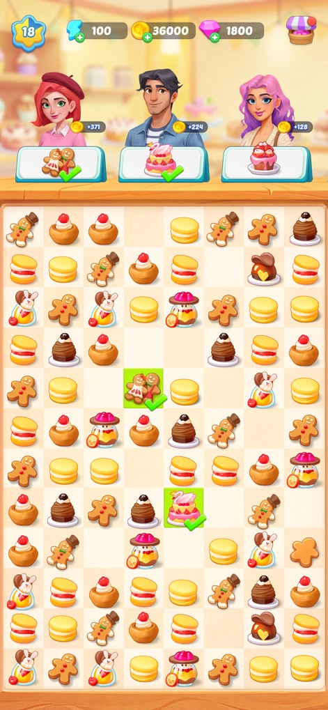 Mystery Town: Merge Games - This game features a delightful array of bakery dessert items, with charming character portraits overseeing the merge progress.